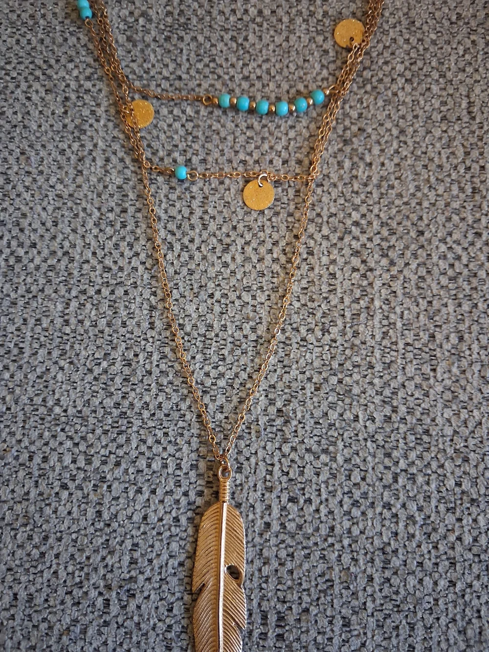 Layered Gold Feather Pendant Necklace with Turquoise Beads - Women Jewelry